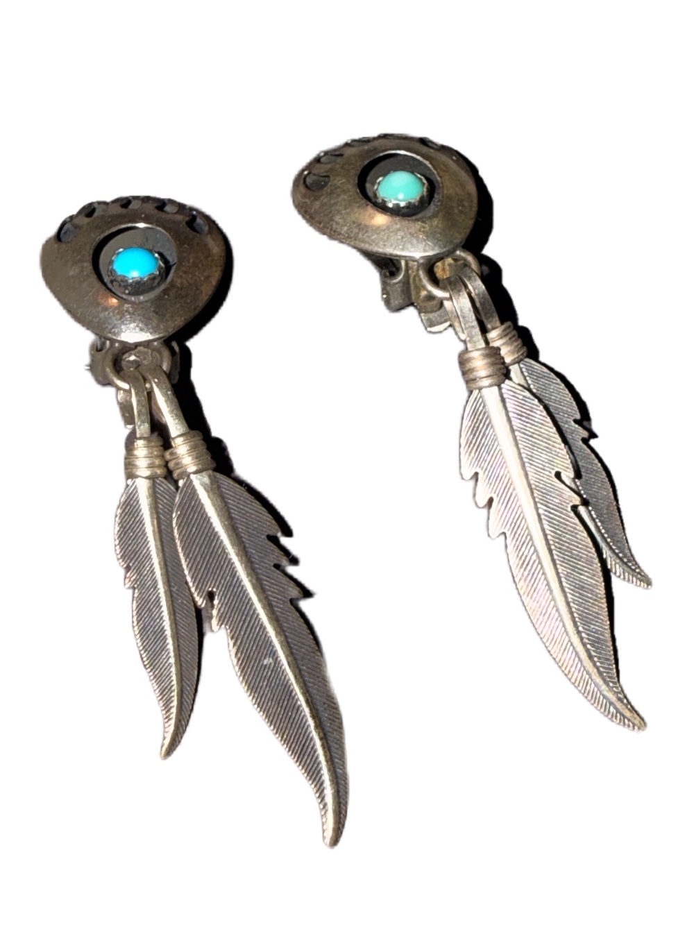 Vintage Diné (Navajo) Sterling Silver Feather Dangle Earrings Turquoise Clip EUC